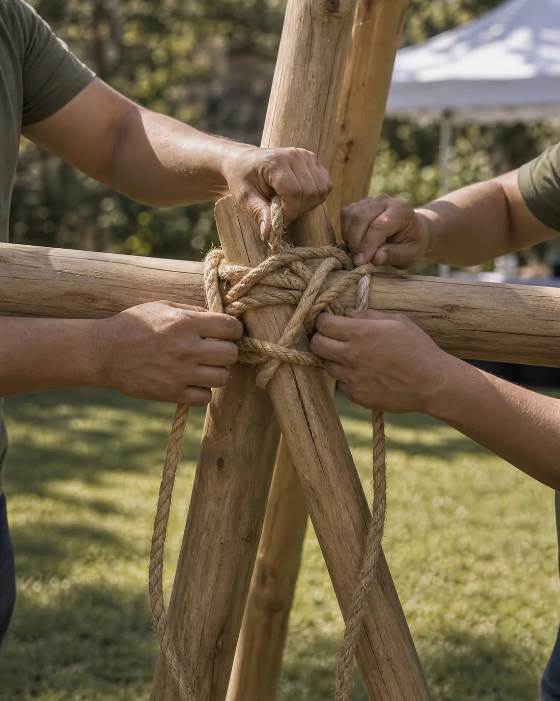 Manos de un equipo amarrando una estructura de madera con cuerda