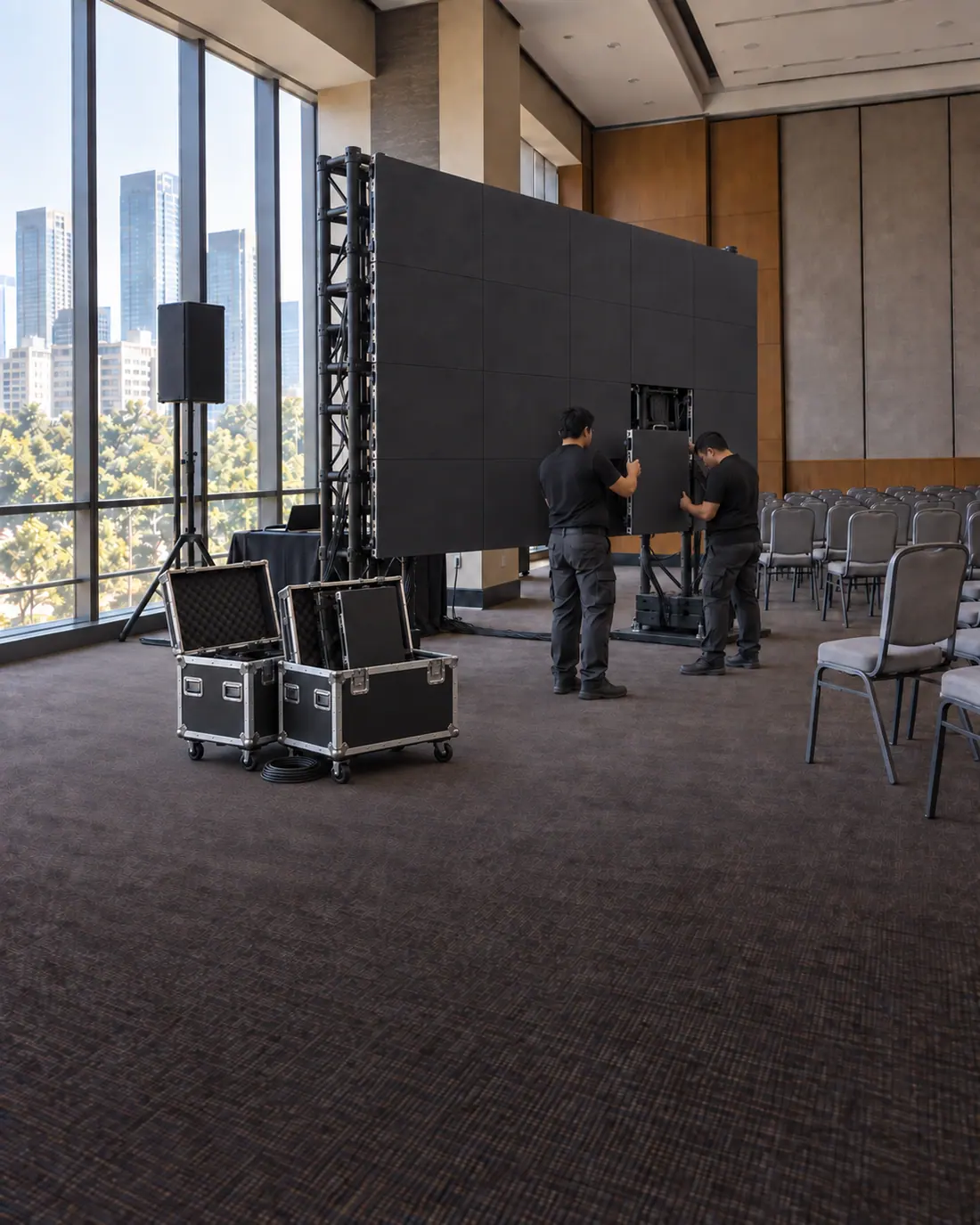 Equipo de producción de PBL montando una pantalla LED y audio en un salón