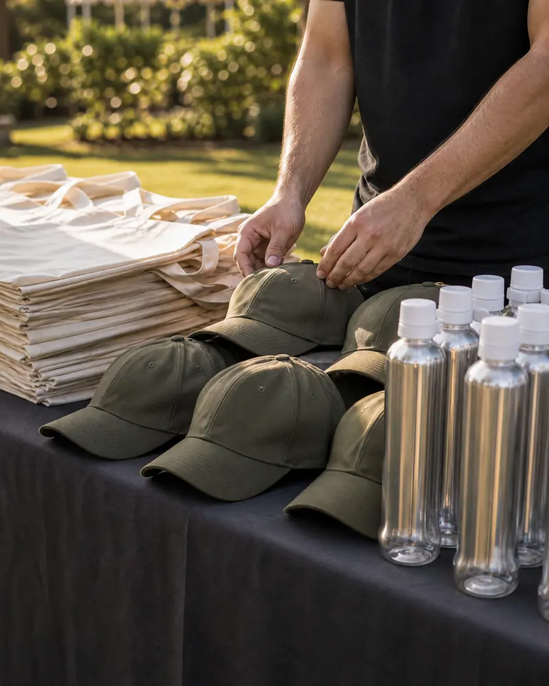 Kits con gorras y botellas listos para entregar