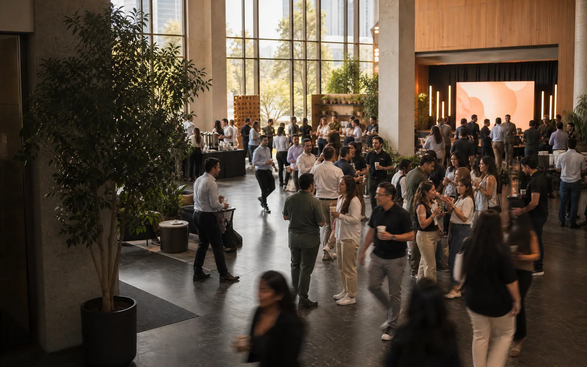 Colaboradores en movimiento durante un evento en el atrio de un corporativo