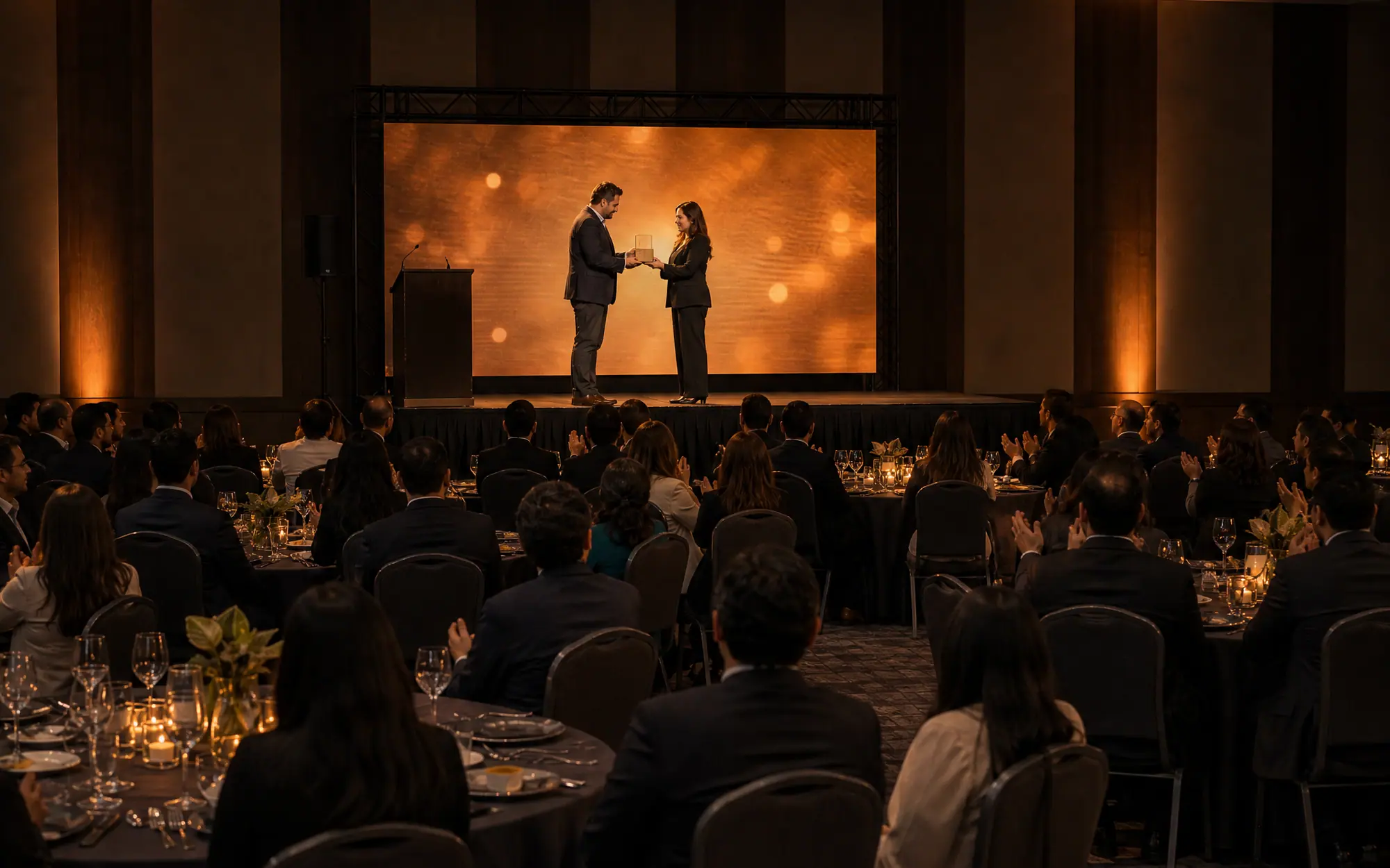 Cena de gala con entrega de reconocimiento frente a una pantalla LED