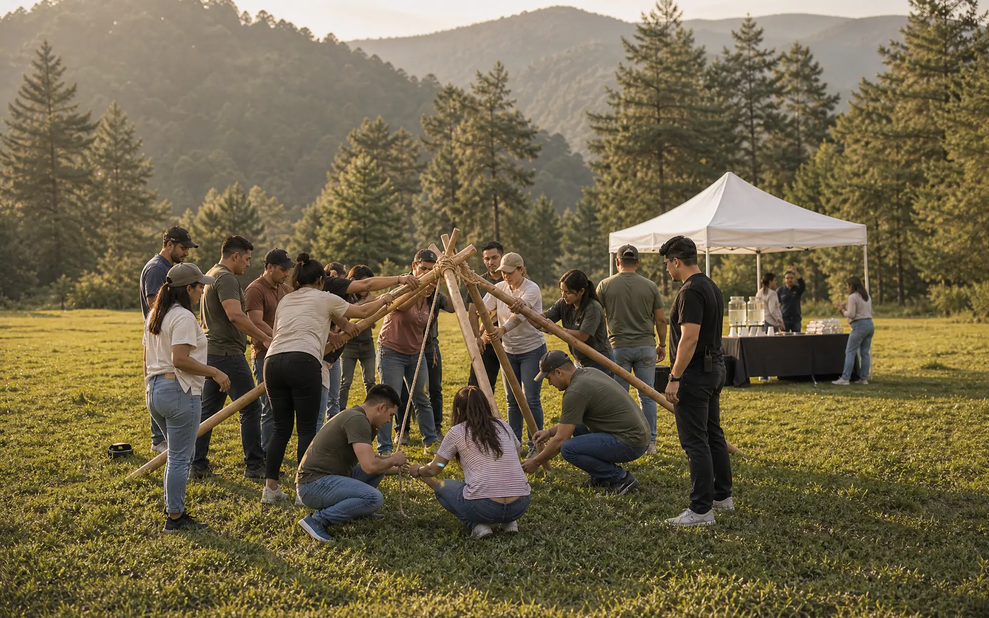 Equipo en un reto de integración en un campo rodeado de bosque