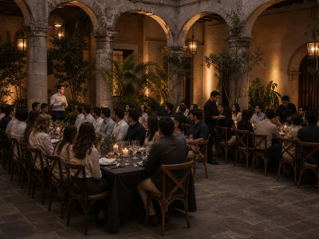 Cena de equipo en el patio de un restaurante colonial