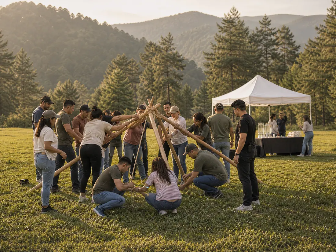 Team building en un campo abierto rodeado de bosque y montañas