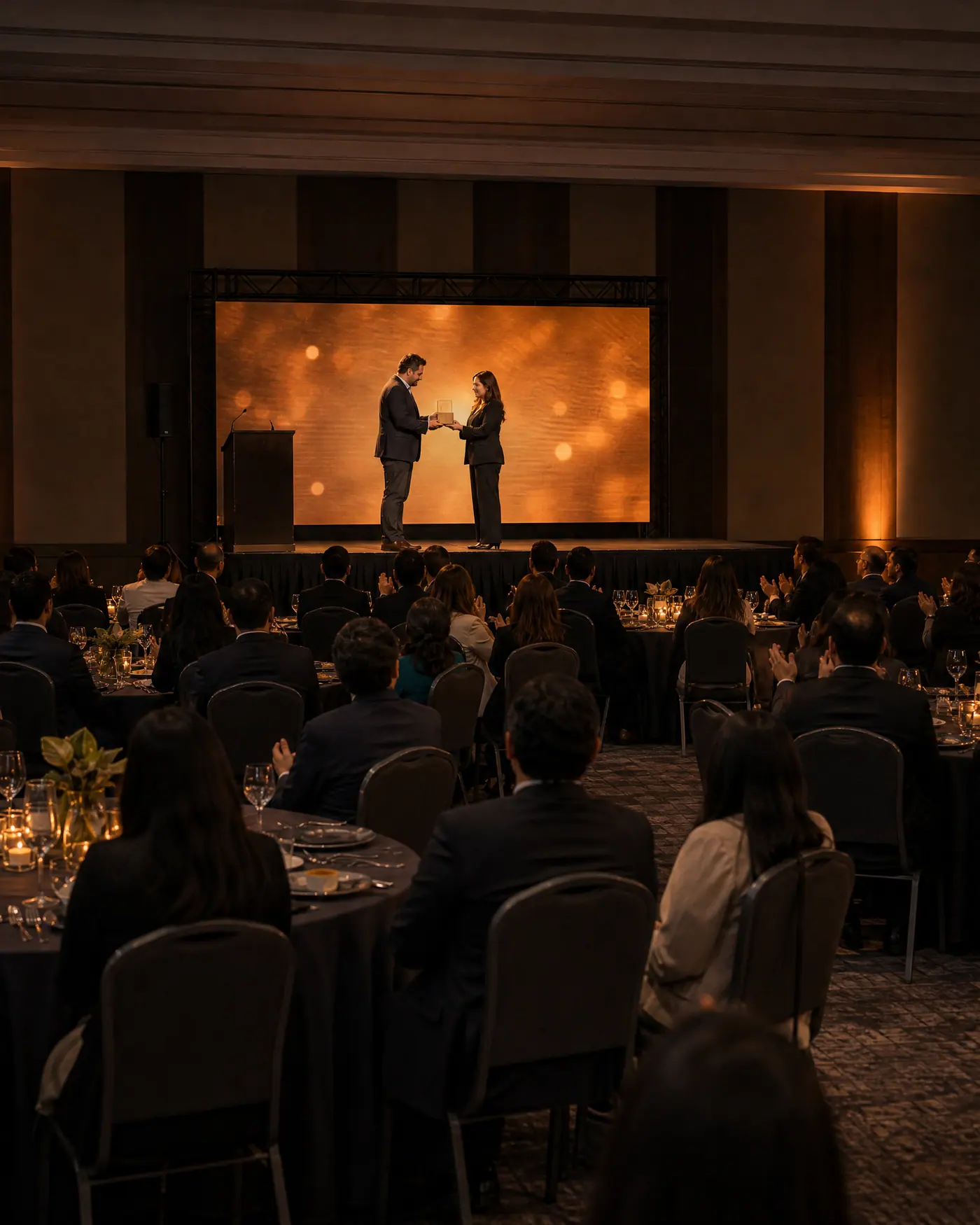 Cena de gala con invitados sentados y entrega de reconocimiento frente a una pantalla LED