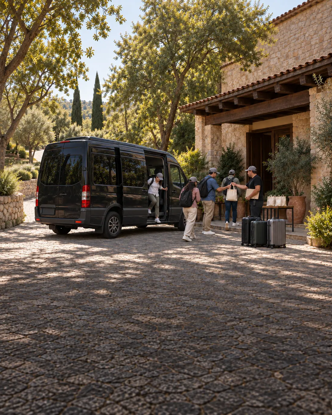 Equipo llegando en camioneta a una hacienda para un offsite